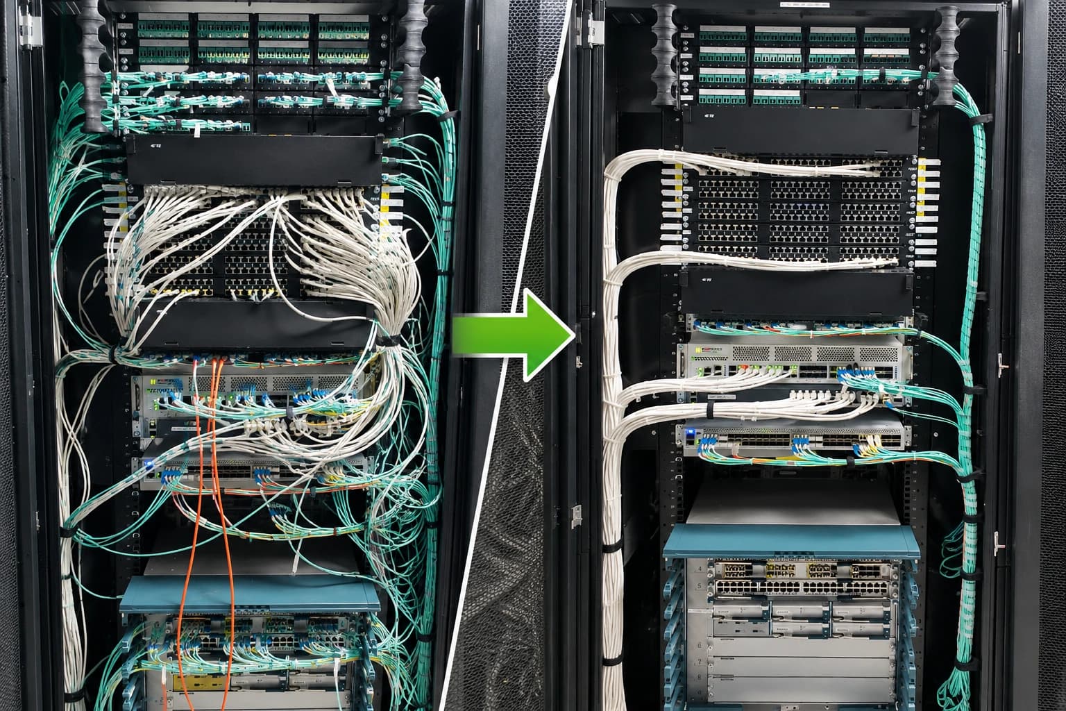 Network rack undergoing cabling remediation and infrastructure migration