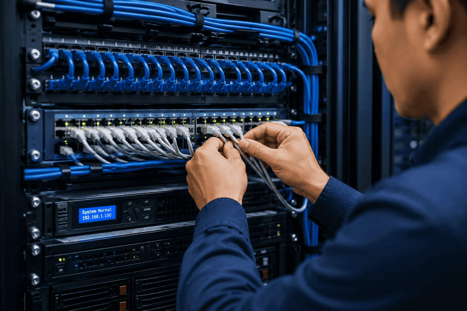Technician working with structured network cabling in a server rack