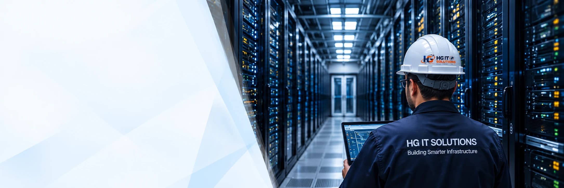 Rows of enterprise data center racks and physical infrastructure