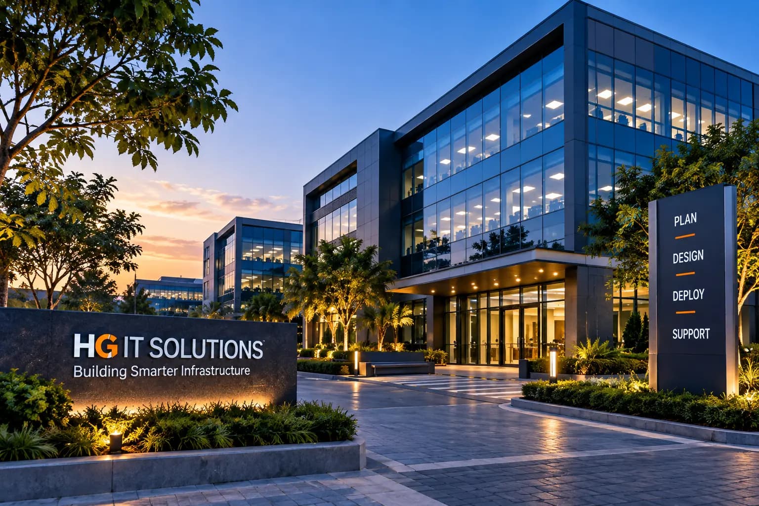 Modern corporate office buildings supported by enterprise IT