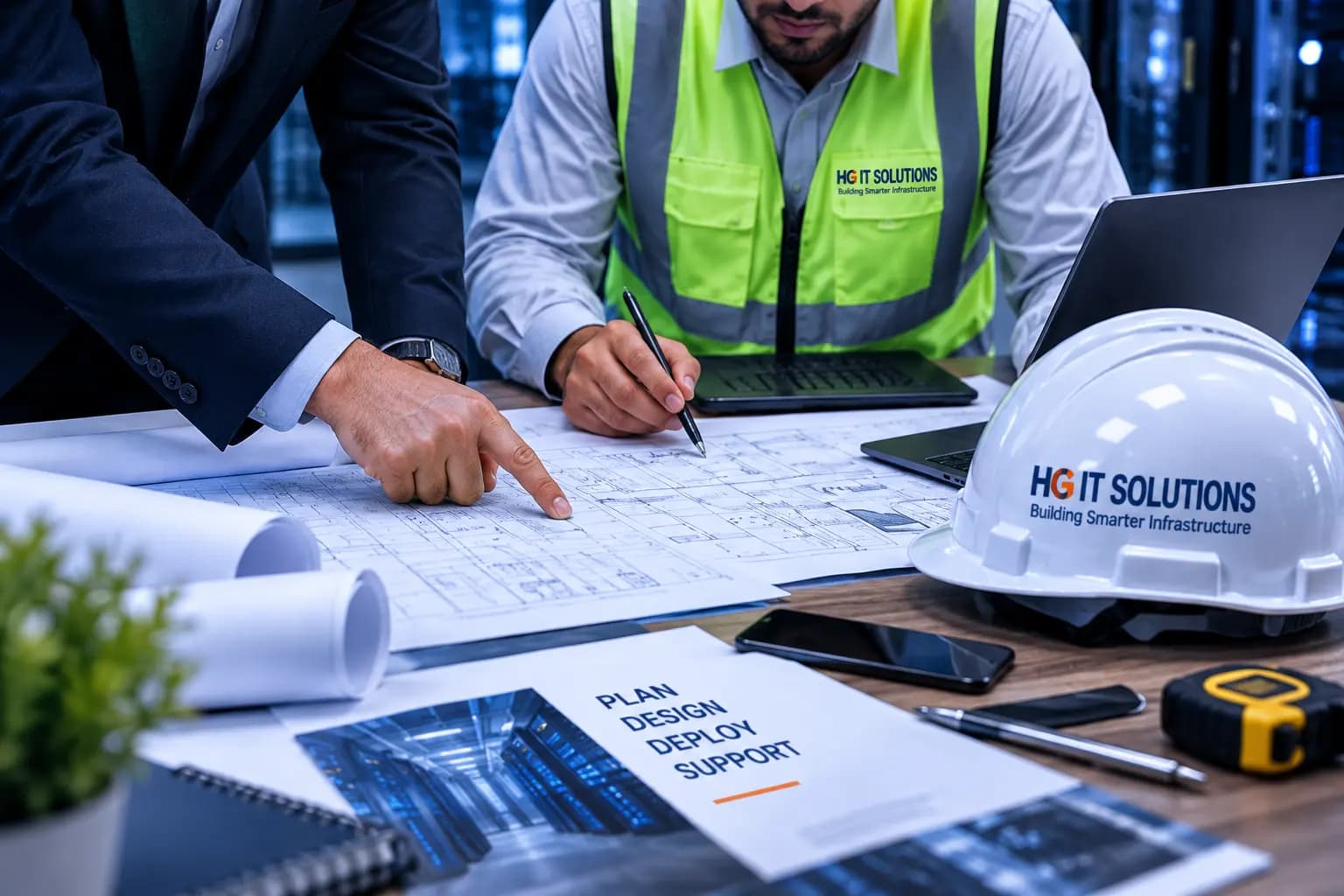 HG IT Solutions professionals reviewing an infrastructure project plan