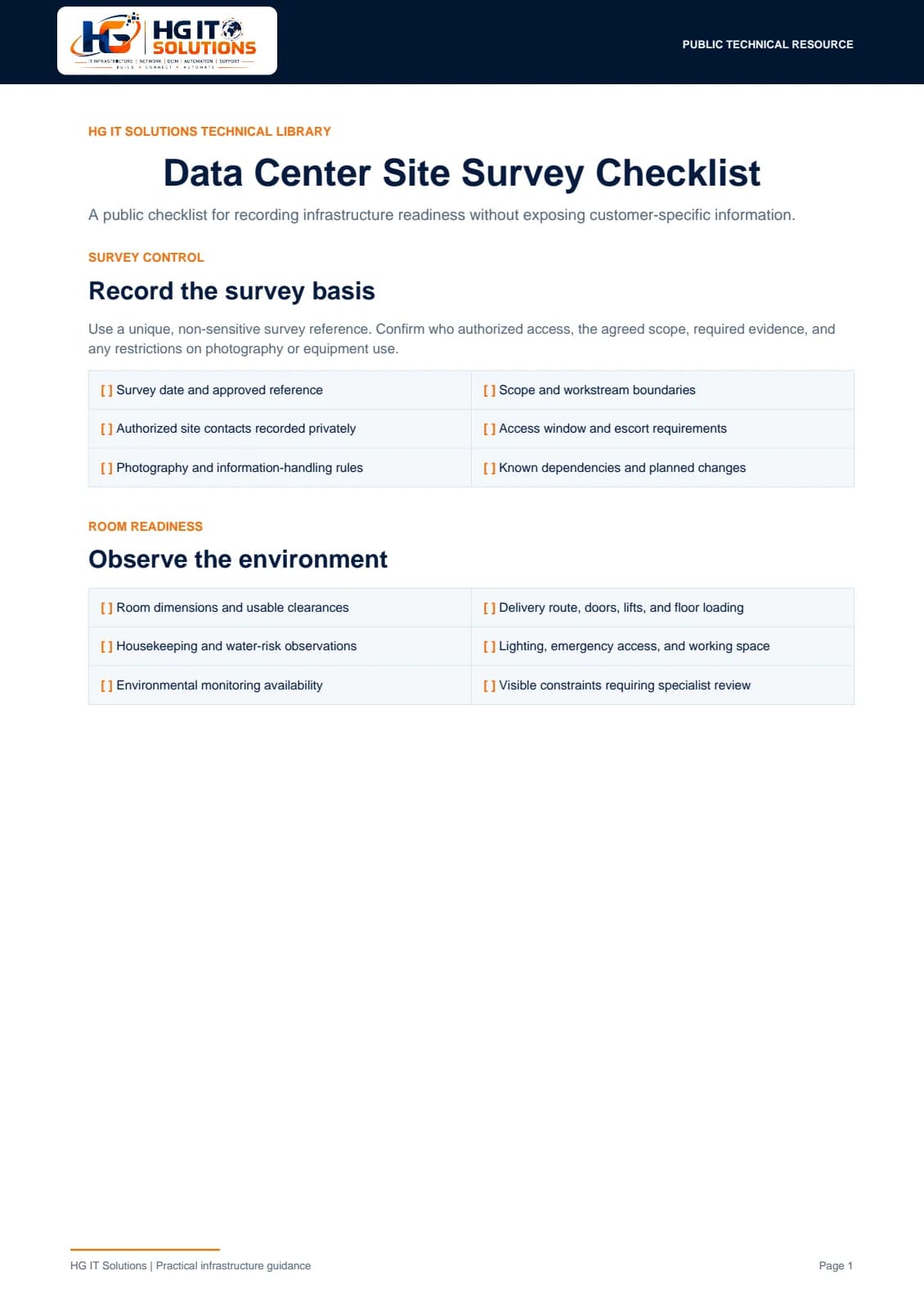 Preview of Data Center Site Survey Checklist - first page