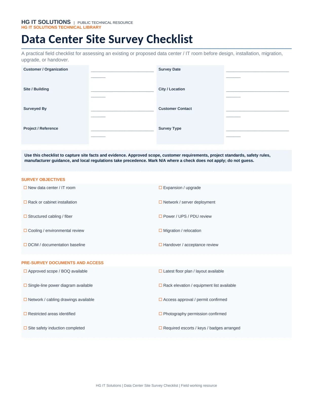 Preview of Data Center Site Survey Checklist - first page