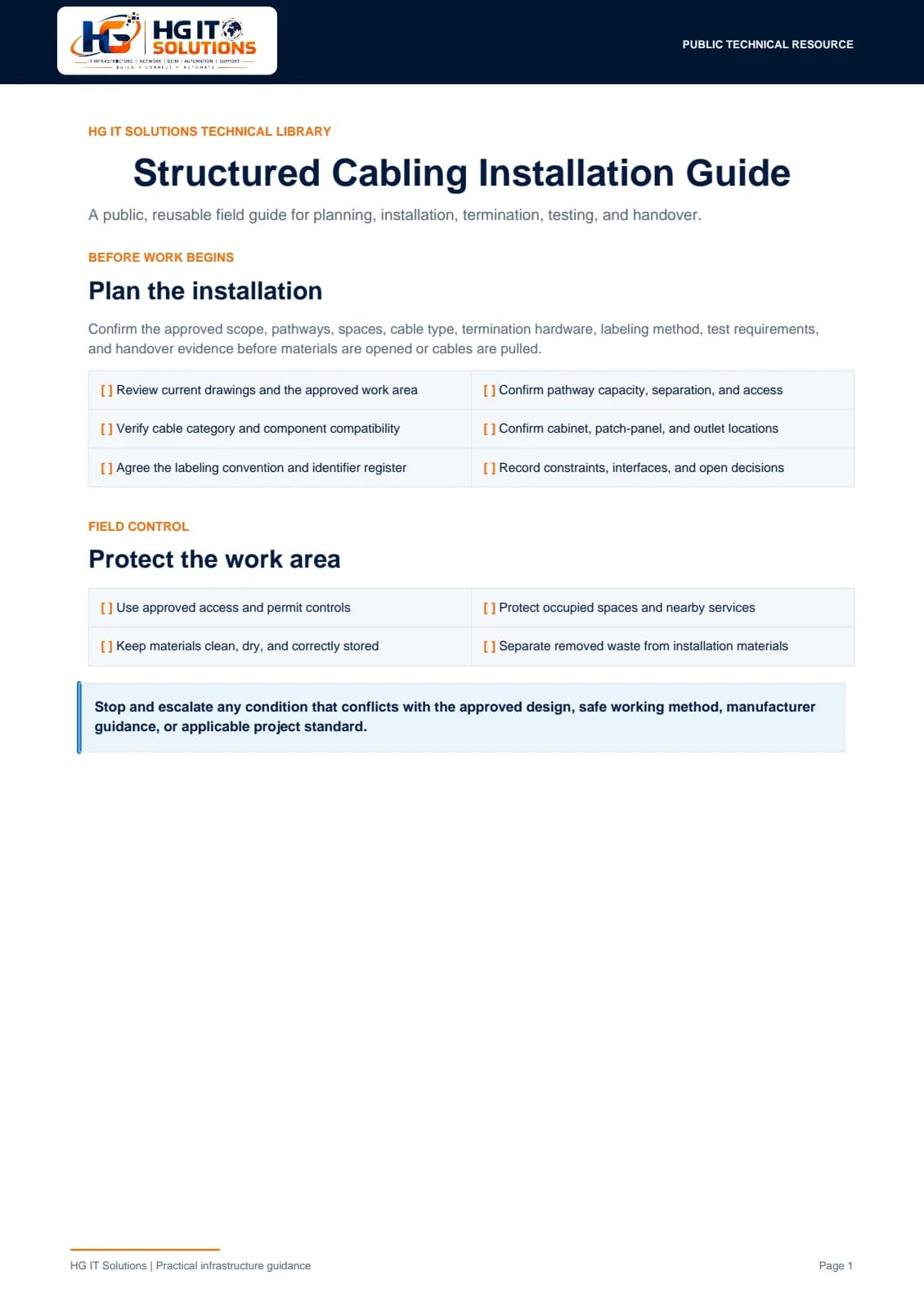 Preview of Structured Cabling Installation Guide - first page